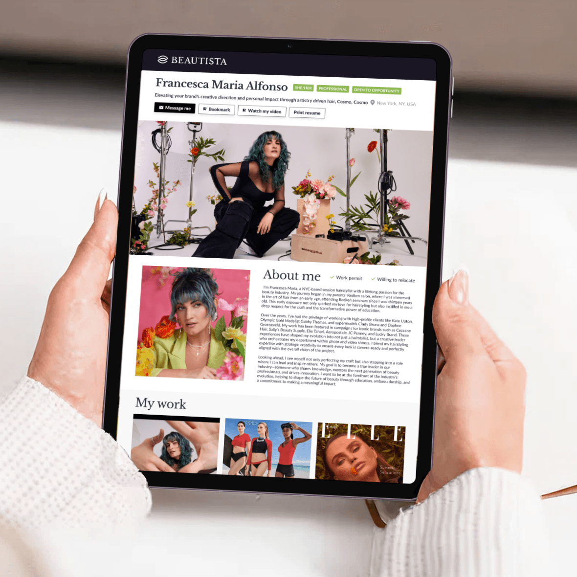 Beautista portfolio page shown on tablet